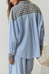 Casual Plaid Draw String Pocket Contrast Turndown Collar Long Sleeve Two Pieces