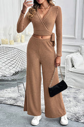 Casual Lace Up Potholes V Neck Long Sleeve Two Pieces