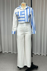 Casual Stripe Buttons Patchwork Contrast Turndown Collar Long Sleeve Two Pieces