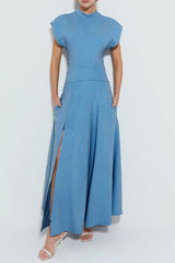 Elegant Solid Color Pocket Slit Zipper Half A Turtleneck Long Dresses