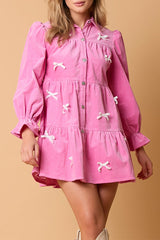 Elegant Buckle Bow Decor Contrast Turndown Collar A Line Dresses