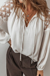 Casual Lace Lace Up Patchwork V Neck Blouses