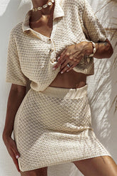 Casual Hollow Out Buttons Turndown Collar Short Sleeve Two Pieces