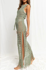 Sexy Draw String Slit Tassel Swimwears Cover Up