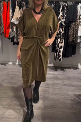 Casual Ruched Sequined V Neck A Line Short Sleeve Dress(4 Colors)