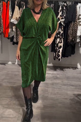 Casual Ruched Sequined V Neck A Line Short Sleeve Dress(4 Colors)