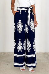 Casual Striped Print Pocket Lace Up Loose High Waist Straight Full Print Bottoms