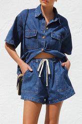 Casual Distressed Draw String Pocket Turndown Collar Short Sleeve Two Pieces