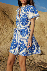 Casual Colorblock Print Lace Up Buttons Contrast Mandarin Collar Short Sleeve Short Sleeve Dress