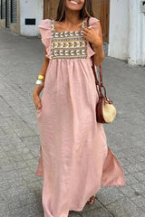 Daily Elegant Geometric Print Flounce Square Neck A Line Dresses