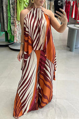 Casual Striped Print Lace Up Irregular Contrast O Neck Sleeveless Two Pieces