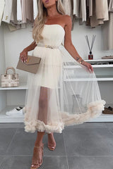 Casual Solid Color Without Belt Mesh Strapless Mesh Dresses(No belt)
