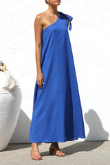 Casual Solid Color Lace Up Sloping Shoulder Irregular Dresses
