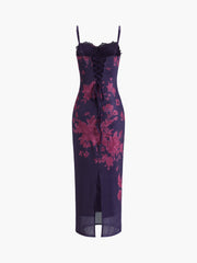 Tied Lace Trim Floral Mesh Long Dress