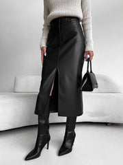 Faux Leather Slit Midi Skirt
