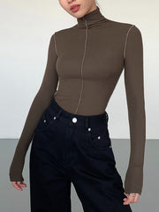 Slinky Turtleneck Contrast Trim Ribbed Knit Shirt