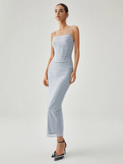 Ribbed Draped Slit Mesh Tank Long Dress