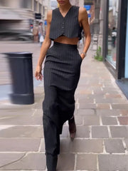 Pinstripe Button Crop Two Pieces Skirt Set