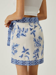 Lace-Up Floral Print Short Skirt
