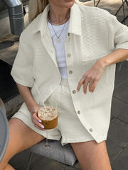 Pockets Button Up Shirt With Shorts Set