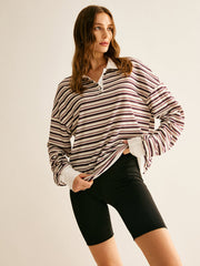 Contrast Trim Striped Polo Sweatshirt