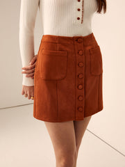 Breasted Pockets Faux Leather Skirt