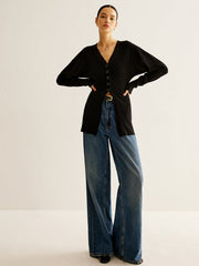 V-Neck Button Slit Cardigan