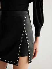 Slit Studded Faux Leather Mini Skirt