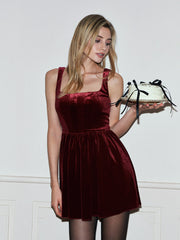 Velvet Pleated Strappy Short Dress