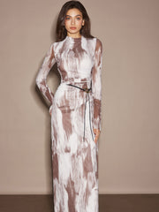 Tye Dye Printed Mesh Dress Without Belt