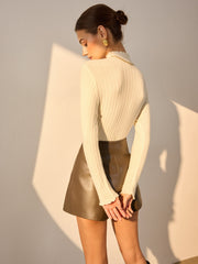 Minimalist Lettuce Trim Mock Neck Knit Top