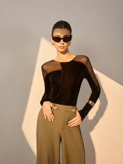 Asymmetrical Mesh-Detail Velvet Top