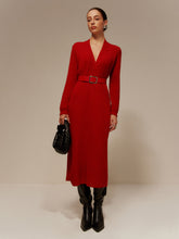 V-Neck Long Sleeve Belted Sweater Dress