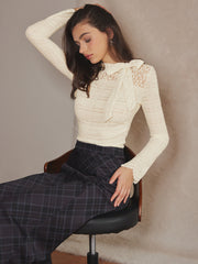 Lace Bow Textured Slim Blouse