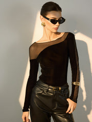 Straight Shoulder Sheer-Detail Slim Top