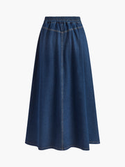 Metal Button Pleated Denim Skirt
