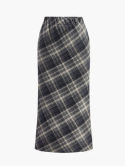 Elastic Waist Checked Slit Skirt