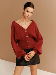 V-Neck Cinched Waist Button Cardigan