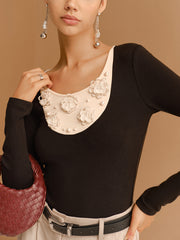 Color Block Pearl Floral Jersey Top
