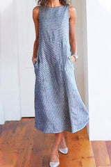 Fashion Street Striped Patchwork O Neck Sleeveless Dresses(6 colors)