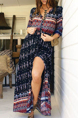 Fashion Street Print Patchwork V Neck Printed Dresses(4 Colors)