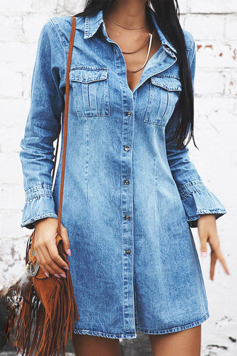 Casual Street Solid Buckle Turndown Collar Dresses