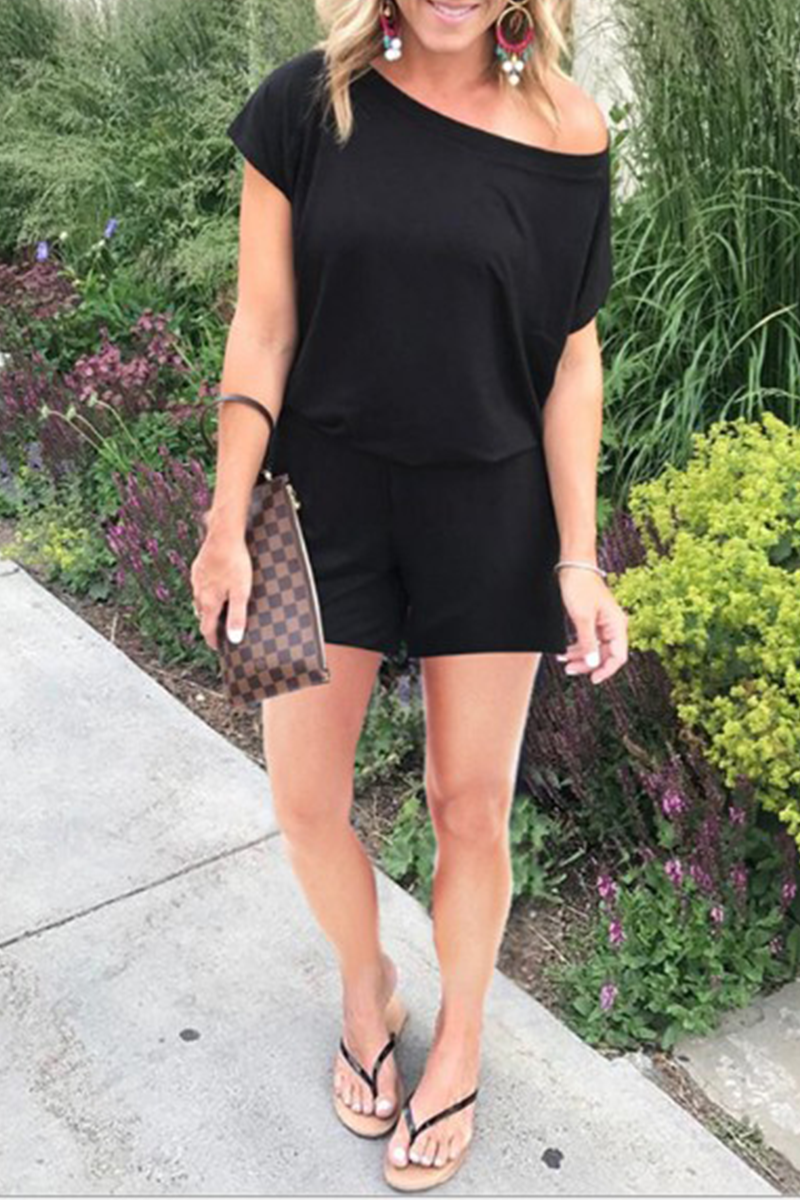 Casual Solid Patchwork One Shoulder Straight Rompers(4 Colors)