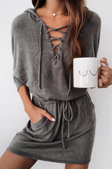 Casual Solid Frenulum Backless Hooded Collar Dresses