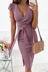 Sexy Solid Patchwork V Neck Pencil Skirt Dresses(5 colors)