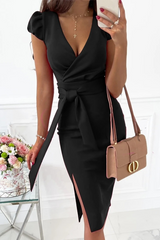 Sexy Solid Patchwork V Neck Pencil Skirt Dresses(5 colors)