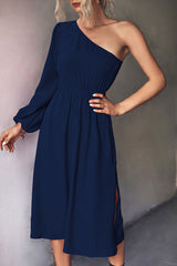 Casual Solid Patchwork Oblique Collar A Line Dresses(3 colors)