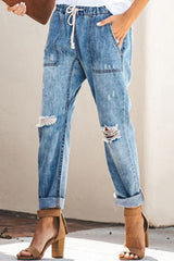 Street Solid Ripped Frenulum Straight Denim Jeans(3 Colors)