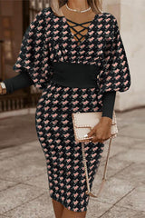 Elegant Print Bandage V Neck Wrapped Skirt Dresses