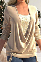 Casual Solid Sequins Patchwork Asymmetrical Collar Tops(8 Colors)
